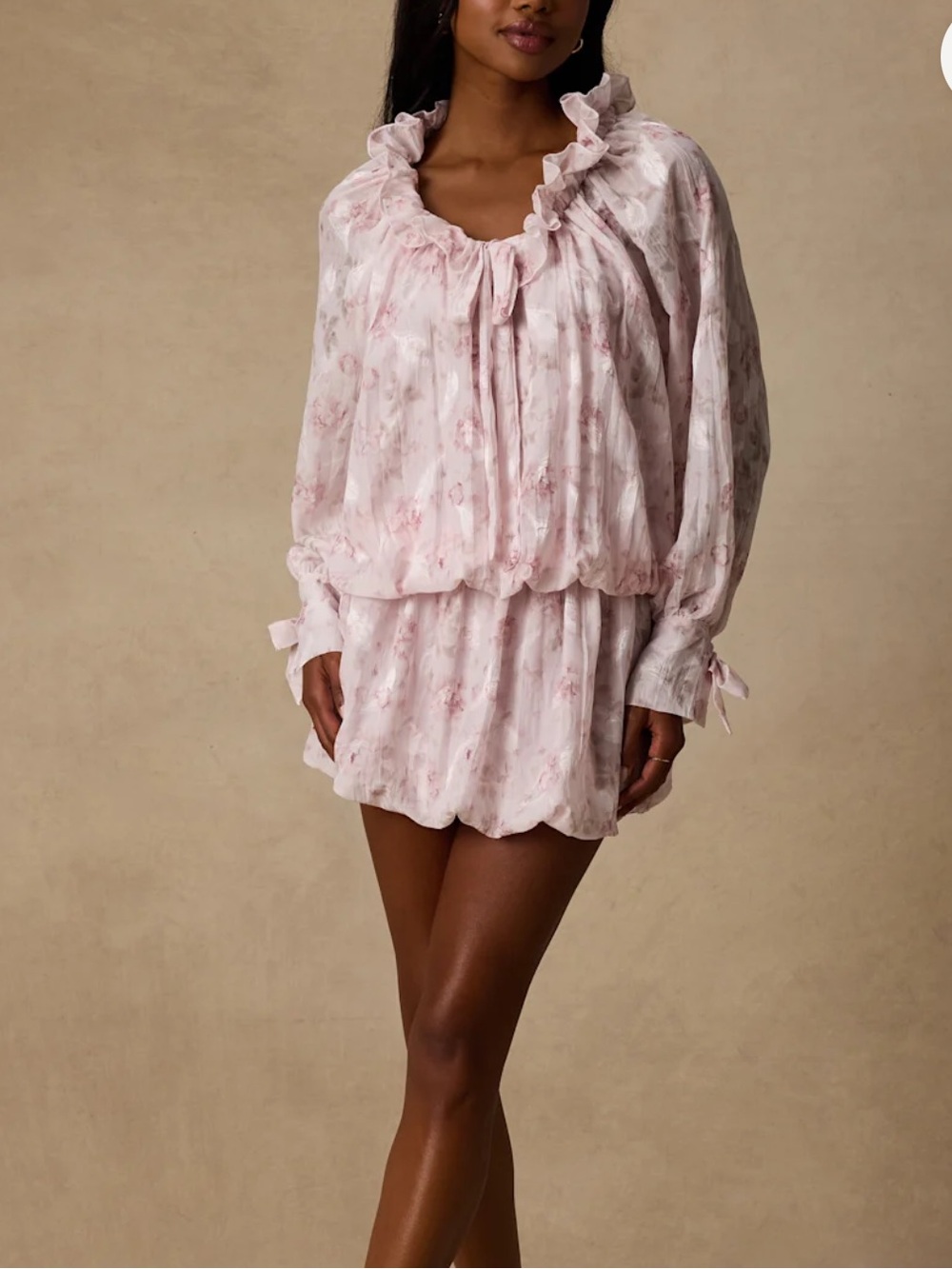 Pink Floral Ruffle Long-Sleeve Dress